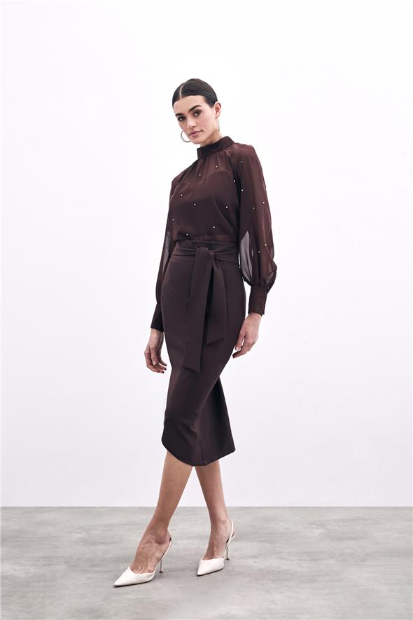 Kuşaklı Kalem Etek - Kahve