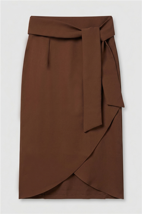 Kuşaklı Kalem Etek - Kahve