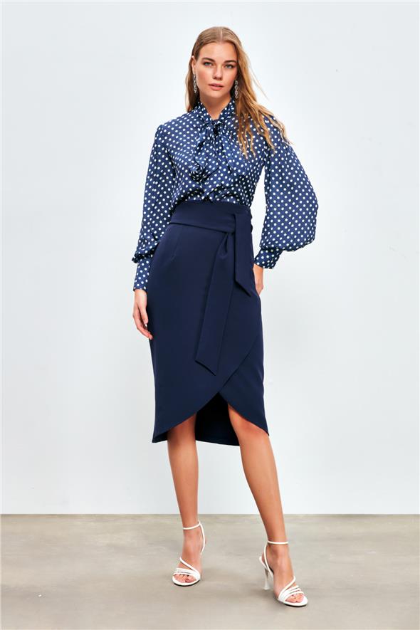 Kuşaklı Kalem Etek - Lacivert