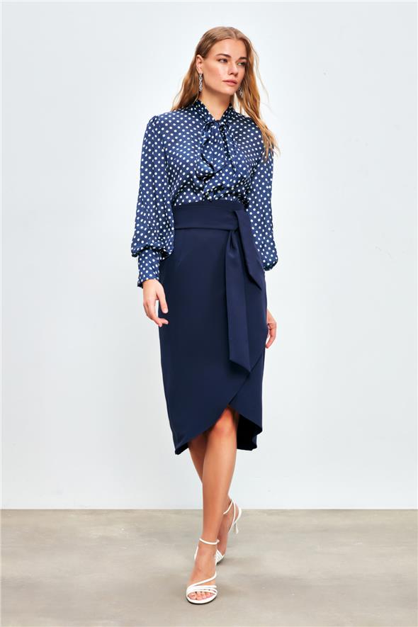 Kuşaklı Kalem Etek - Lacivert