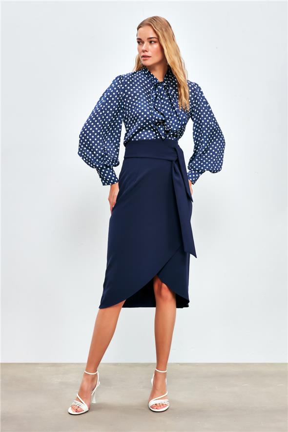 Kuşaklı Kalem Etek - Lacivert