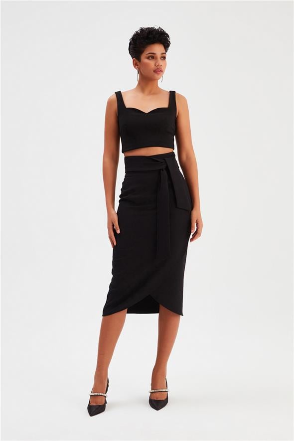 Kuşaklı Kalem Etek - Siyah