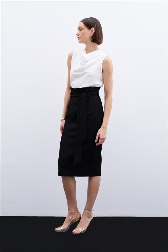 Kuşaklı Kalem Etek - Siyah