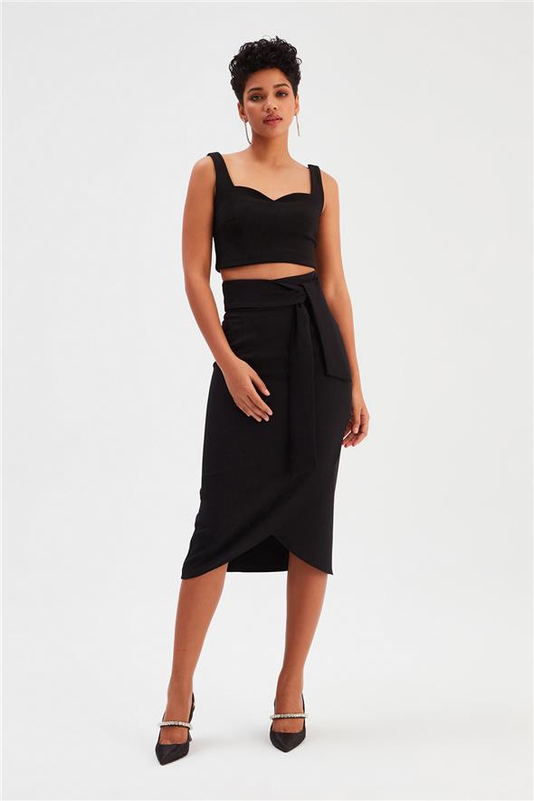 Kuşaklı Kalem Etek - Siyah