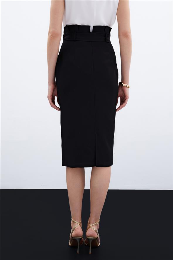 Kuşaklı Kalem Etek - Siyah