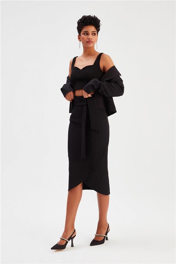 Kuşaklı Kalem Etek - Siyah