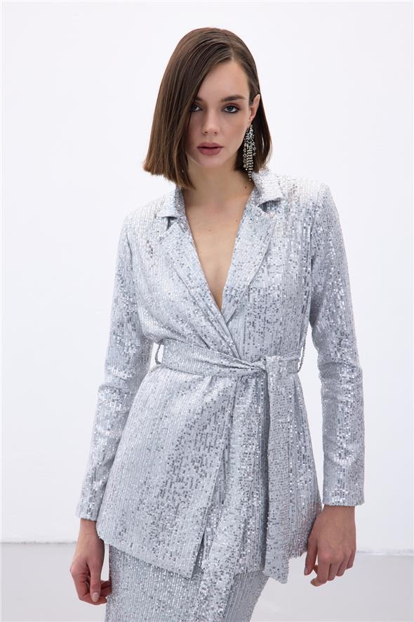 Kuşaklı Payet Ceket - Gümüş