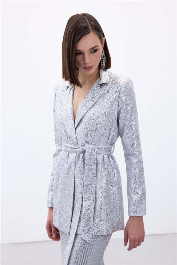 Kuşaklı Payet Ceket - Gümüş