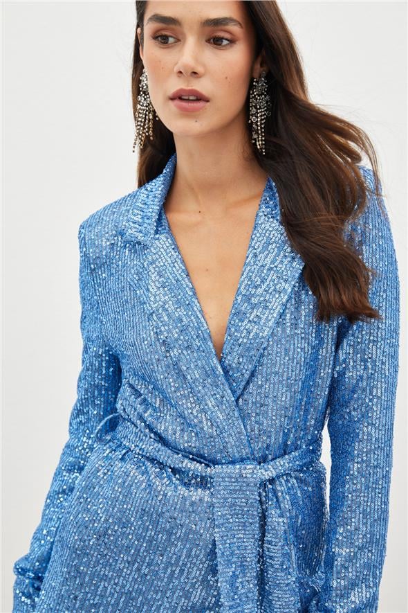 Kuşaklı Payet Ceket - İndigo