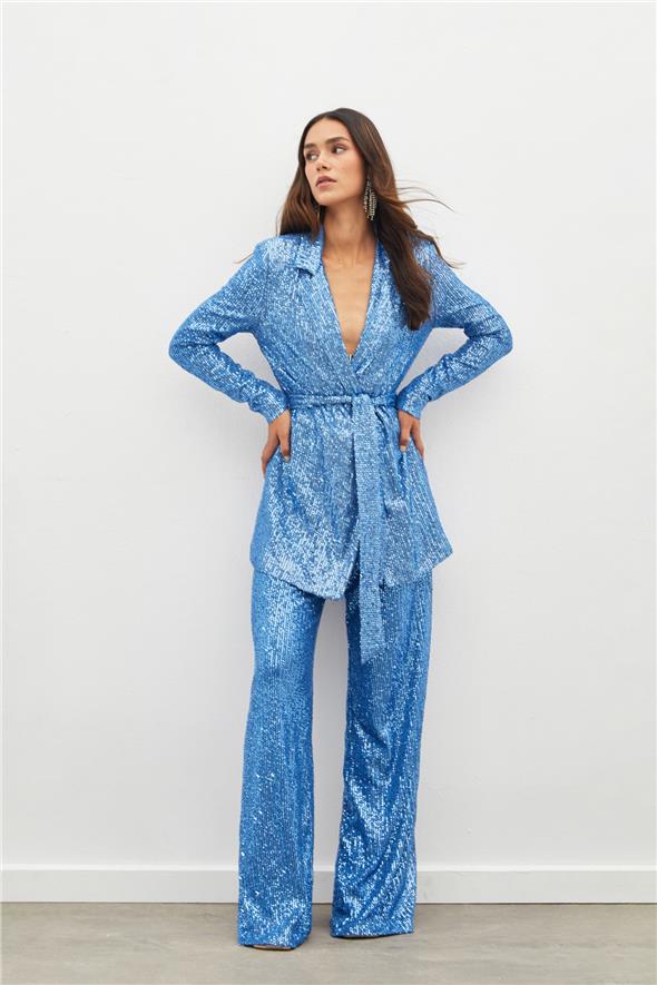 Kuşaklı Payet Ceket - İndigo