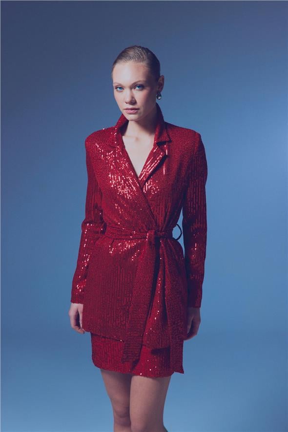 Kuşaklı Payet Ceket - Kırmızı