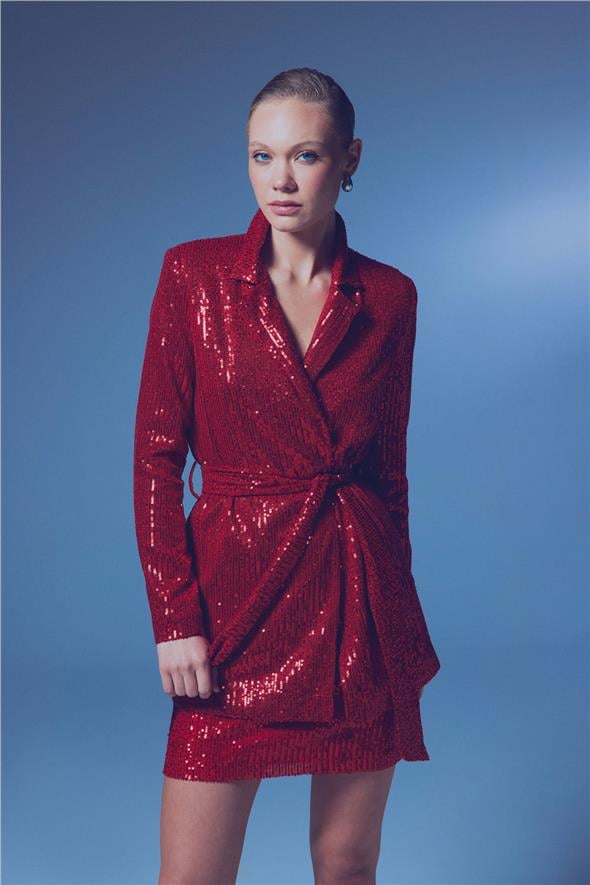 Kuşaklı Payet Ceket - Kırmızı