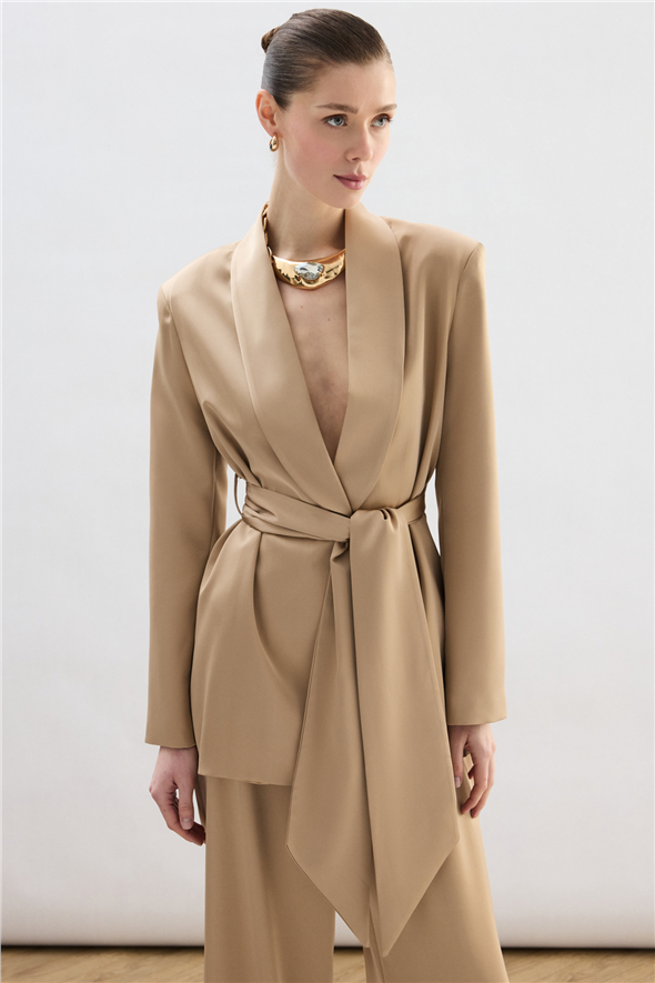 Kuşaklı Saten Ceket - Camel