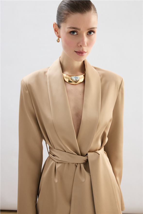 Kuşaklı Saten Ceket - Camel