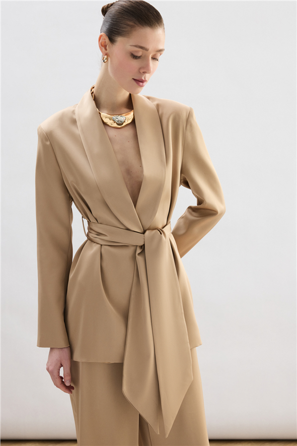 Kuşaklı Saten Ceket - Camel