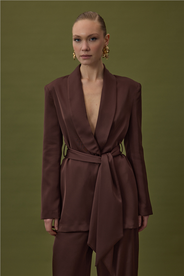 Kuşaklı Saten Ceket - Kahve
