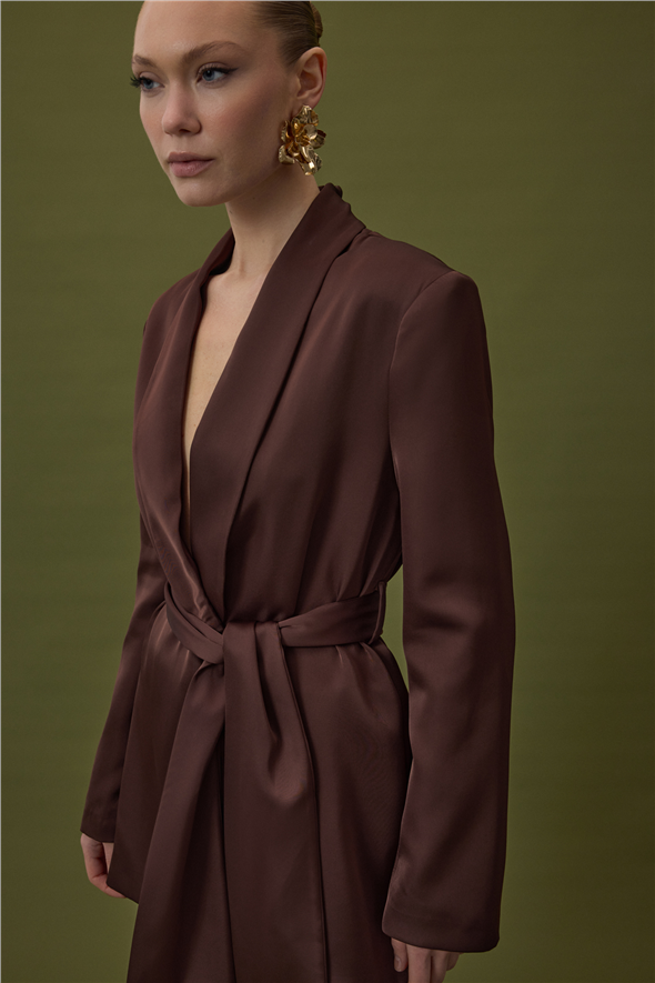 Kuşaklı Saten Ceket - Kahve