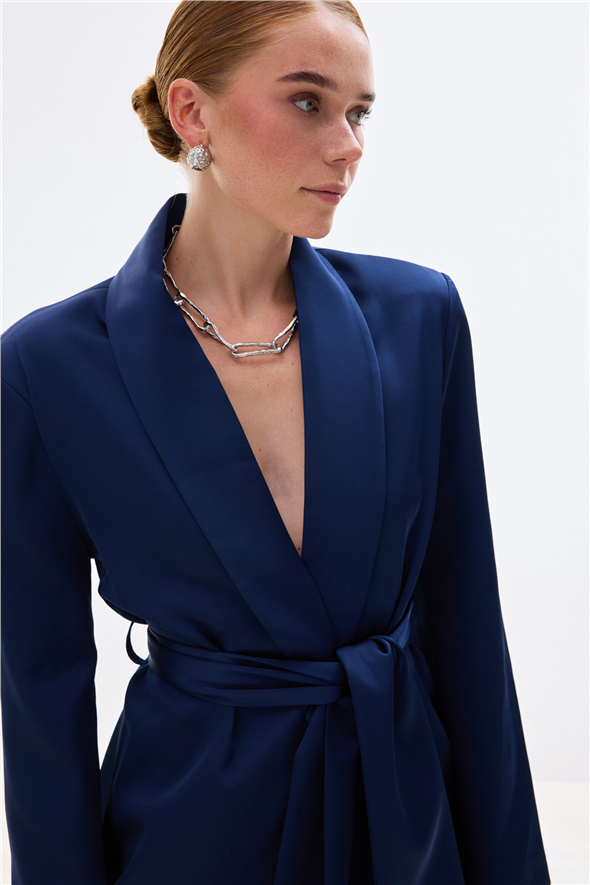 Kuşaklı Saten Ceket - Lacivert