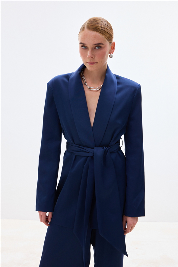 Kuşaklı Saten Ceket - Lacivert