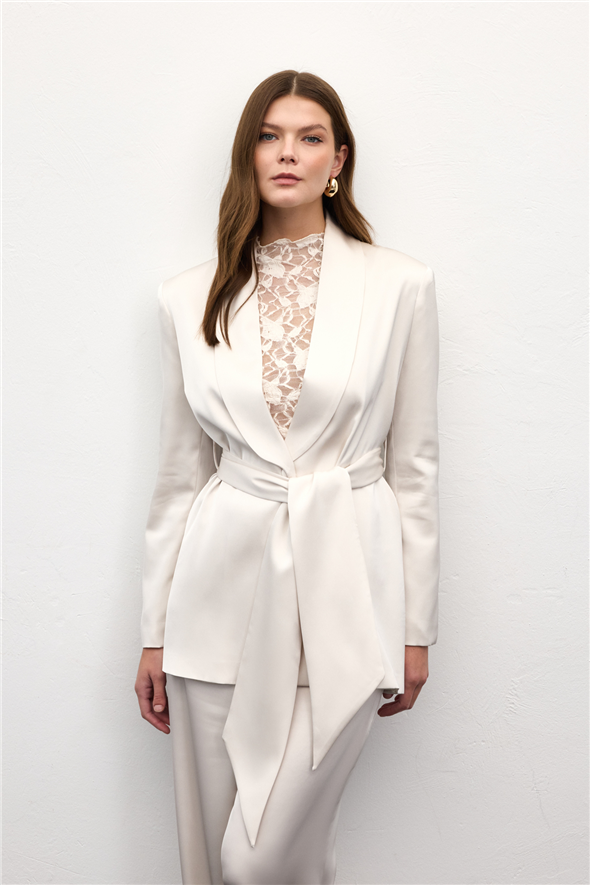 Kuşaklı Saten Ceket - Taş