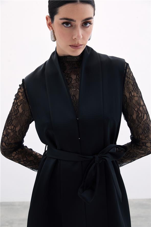 Kuşaklı Saten Yelek - Siyah