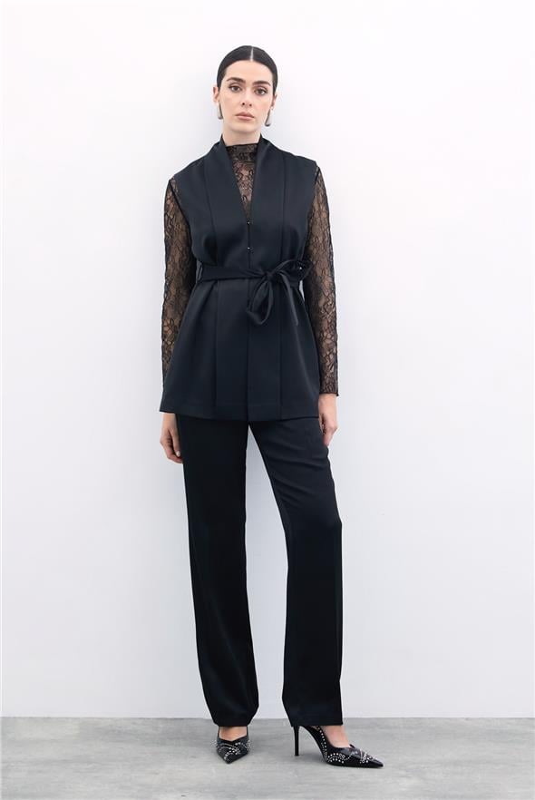 Kuşaklı Saten Yelek - Siyah