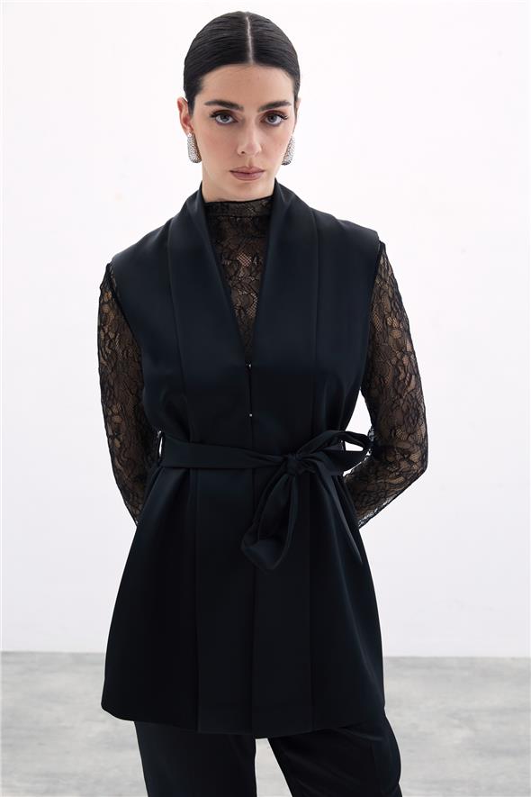 Kuşaklı Saten Yelek - Siyah