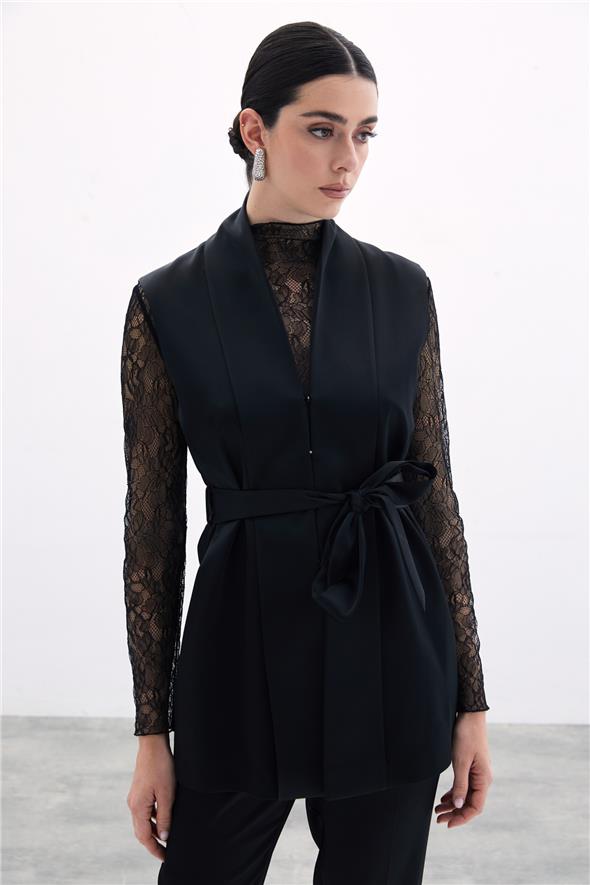 Kuşaklı Saten Yelek - Siyah
