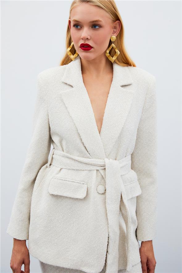 Kuşaklı Tüvit Ceket - Taş