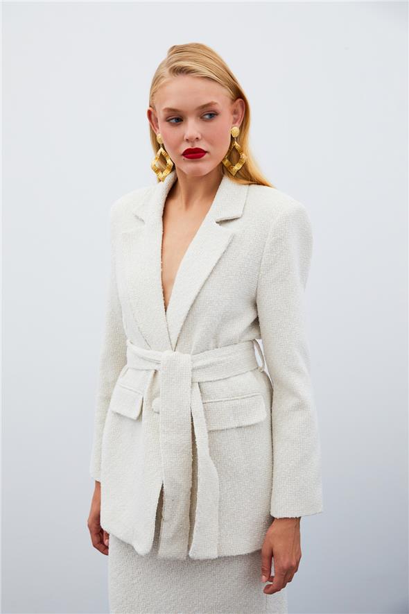 Kuşaklı Tüvit Ceket - Taş