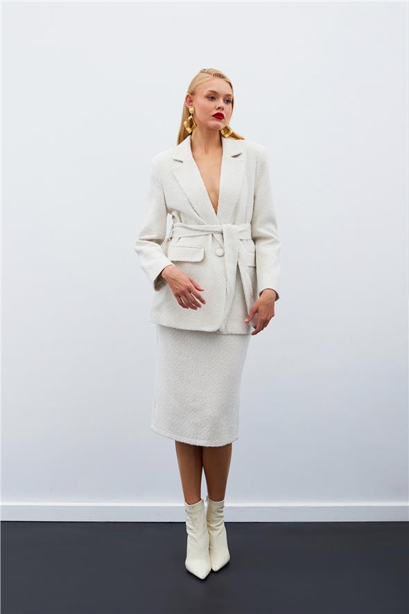 Kuşaklı Tüvit Ceket - Taş