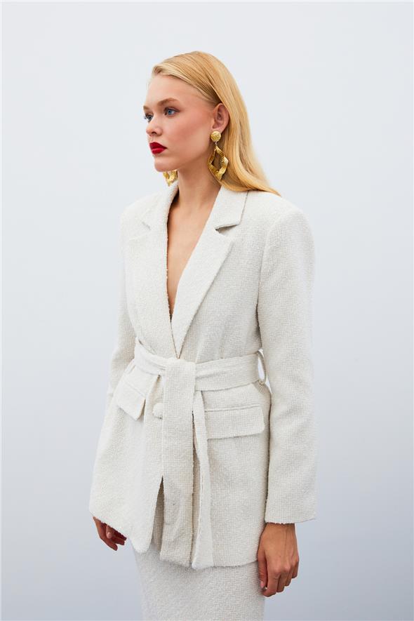 Kuşaklı Tüvit Ceket - Taş