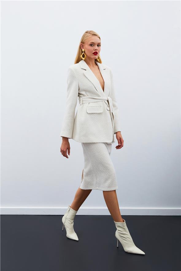 Kuşaklı Tüvit Ceket - Taş