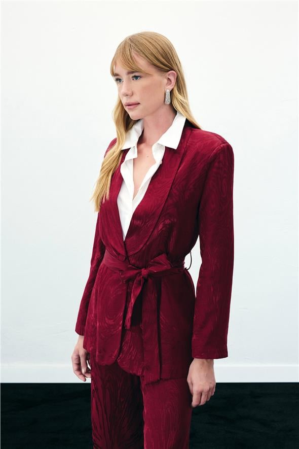 Kuşaklı Uzun Ceket - Bordo