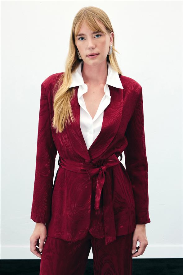 Kuşaklı Uzun Ceket - Bordo