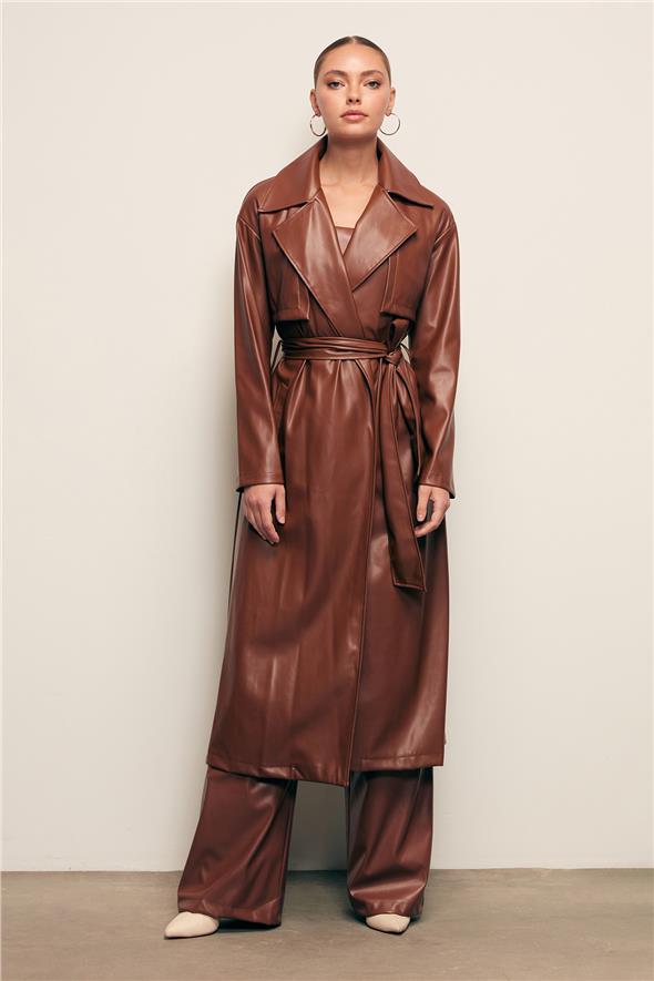 Kuşaklı Uzun Deri Trenç - Kahve
