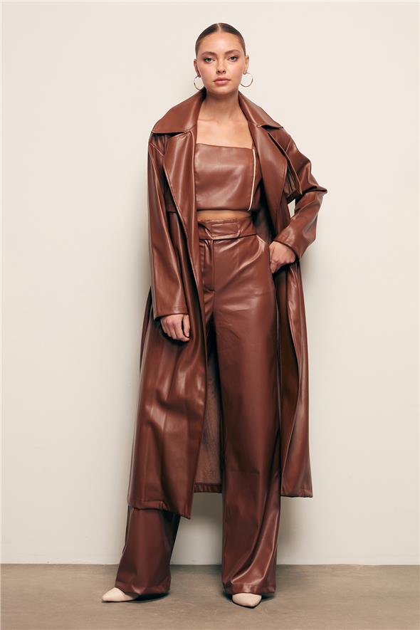 Kuşaklı Uzun Deri Trenç - Kahve