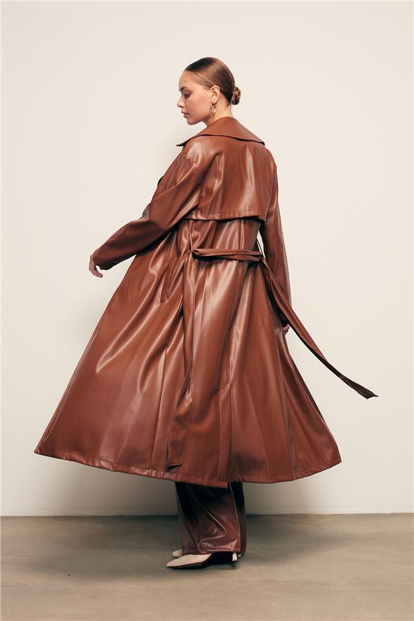 Kuşaklı Uzun Deri Trenç - Kahve