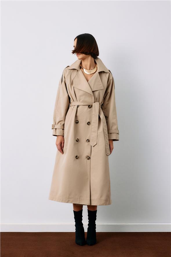Kuşaklı Uzun Trenç - Bej