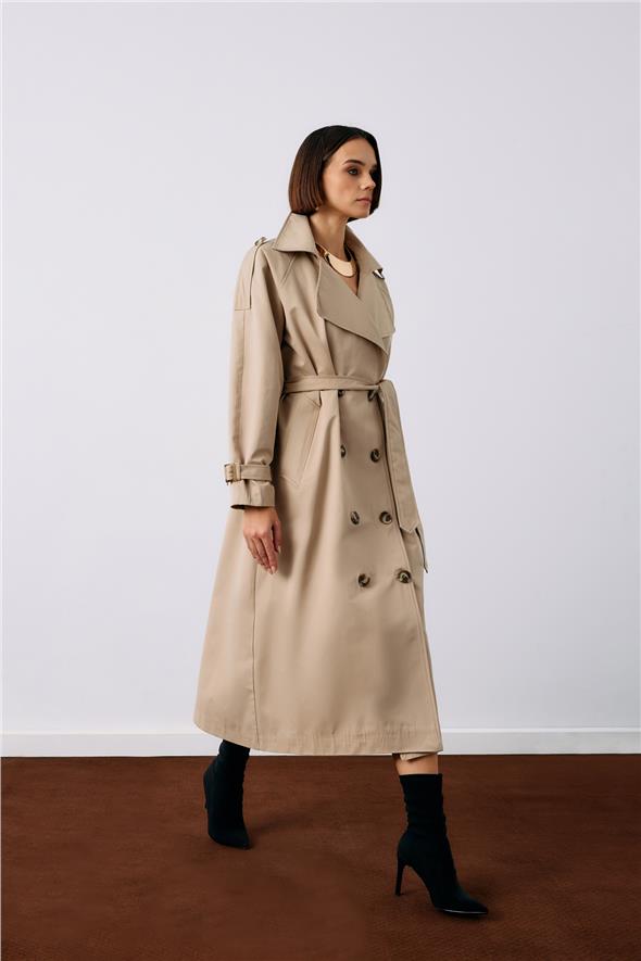 Kuşaklı Uzun Trenç - Bej
