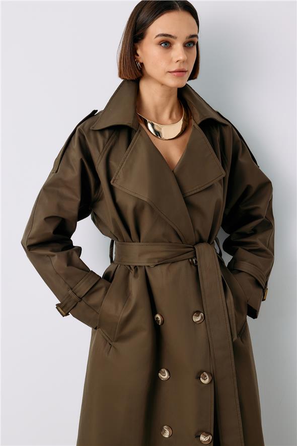 Kuşaklı Uzun Trenç - Haki