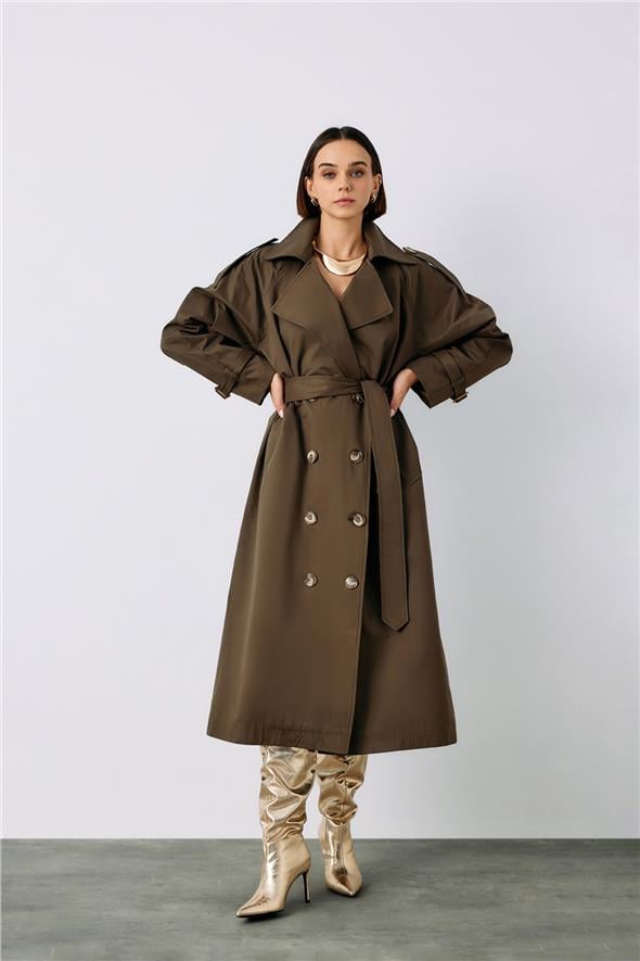 Kuşaklı Uzun Trenç - Haki