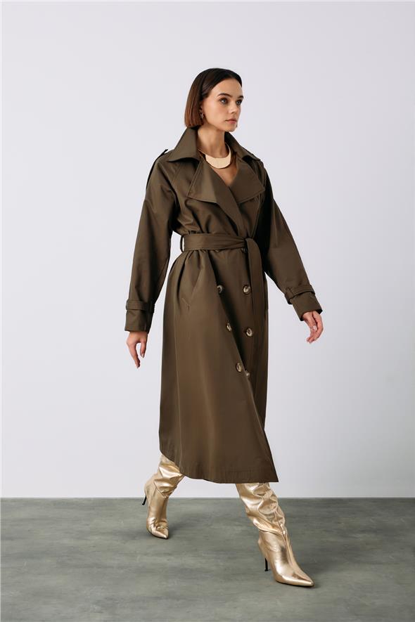 Kuşaklı Uzun Trenç - Haki