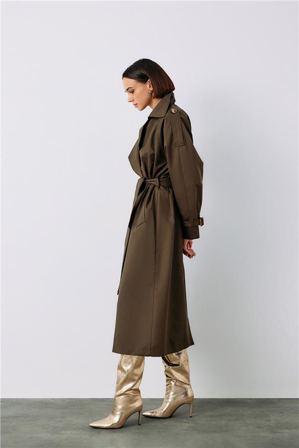 Kuşaklı Uzun Trenç - Haki