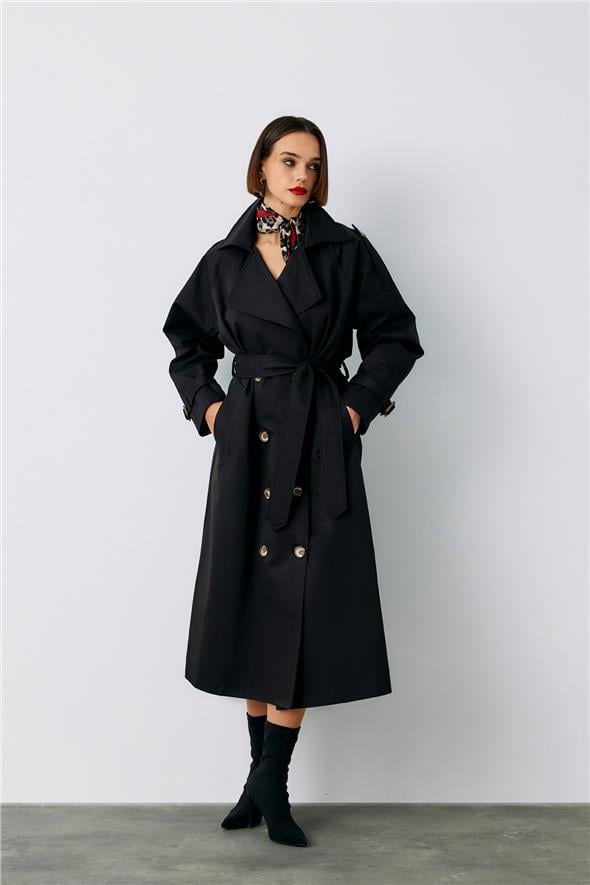 Kuşaklı Uzun Trenç - Siyah
