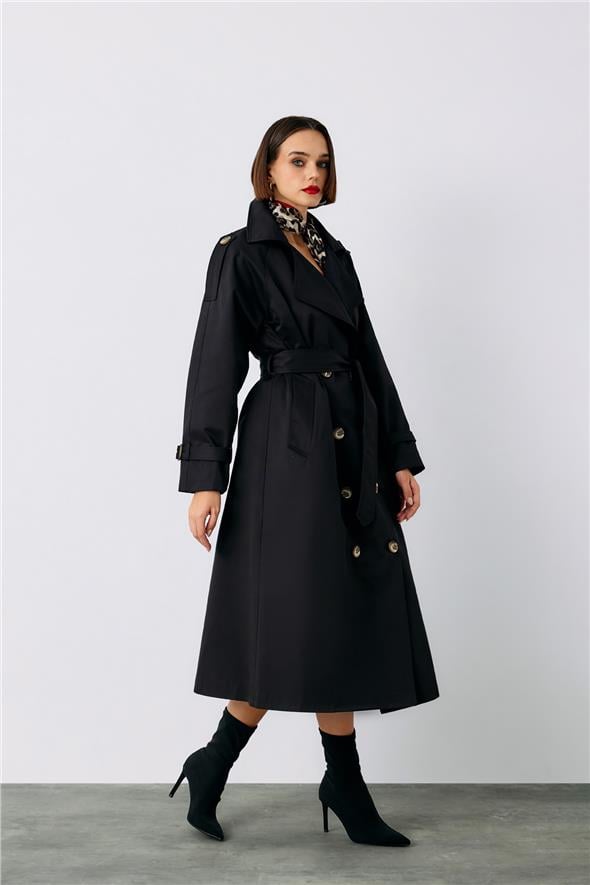 Kuşaklı Uzun Trenç - Siyah