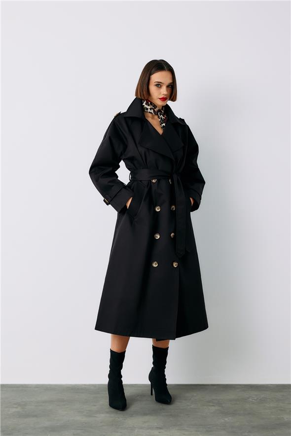 Kuşaklı Uzun Trenç - Siyah