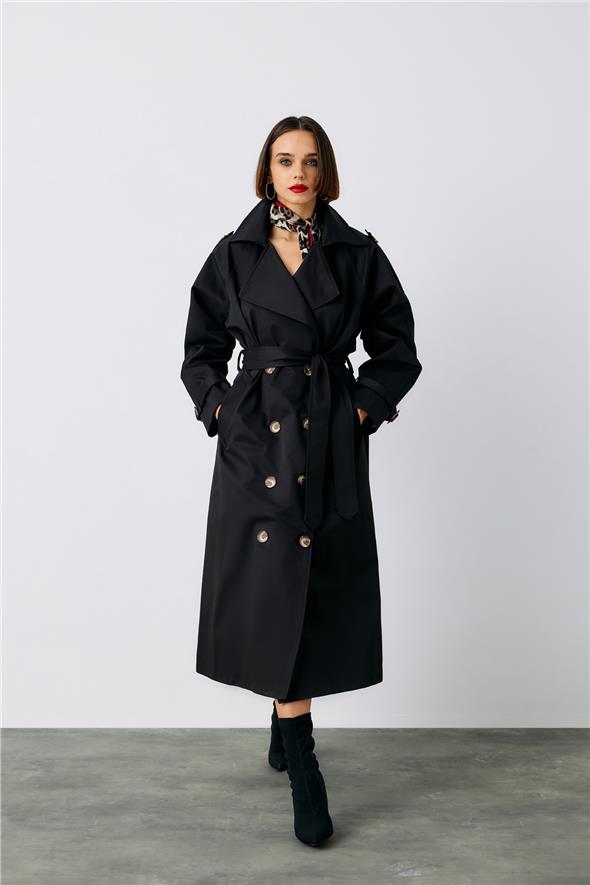 Kuşaklı Uzun Trenç - Siyah