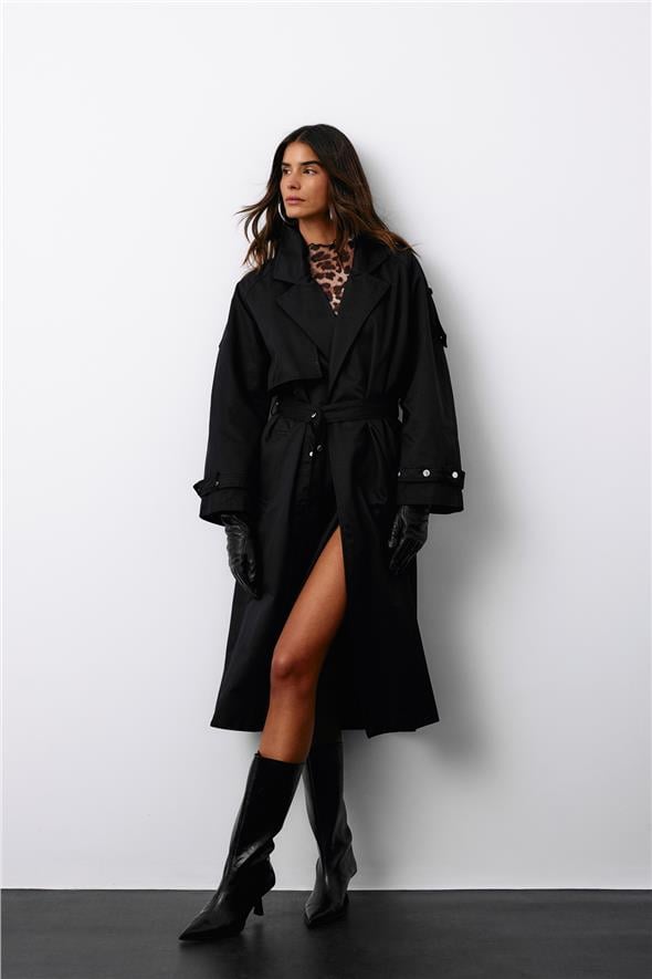 Kuşaklı Uzun Trençkot - Siyah