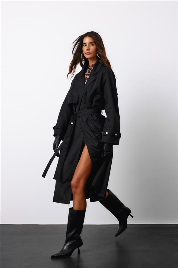 Kuşaklı Uzun Trençkot - Siyah